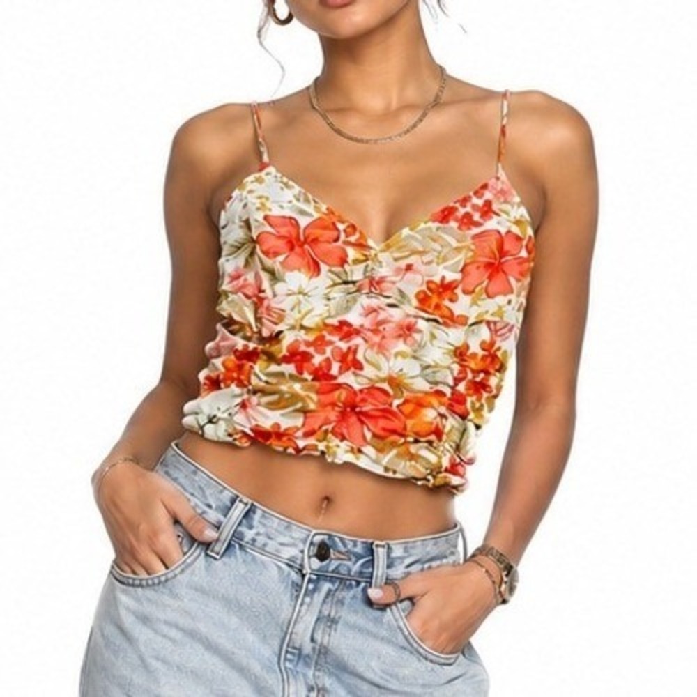 Forever 21 Cami Top Womens L White Orange Floral Ruched Tropical Summer Festival